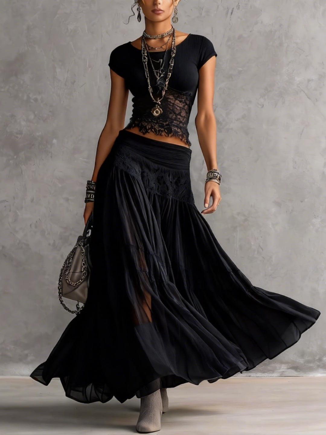 Completo Nero con Top in Pizzo e Gonna Maxi Plissettata – Chiara Rossetti (1)