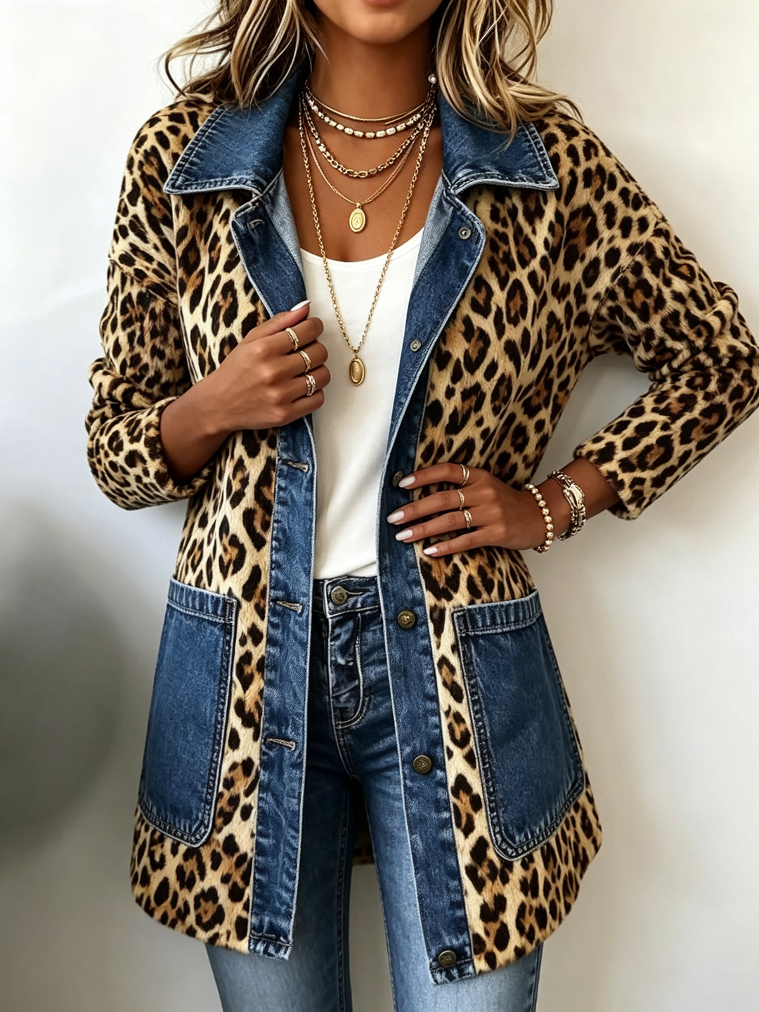 Fablenne™ | Giacca lunga con pannello in denim con stampa leopardata a contrasto — 1