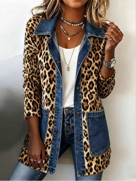 Fablenne™ | Giacca lunga con pannello in denim con stampa leopardata a contrasto — 2