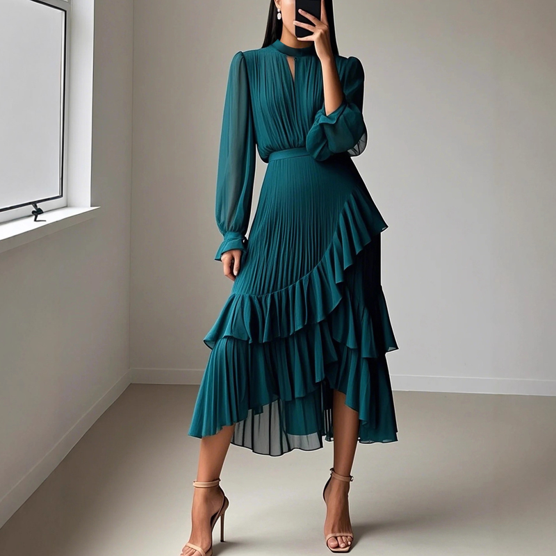 Camilla | Abito midi elegante plissettato con volant